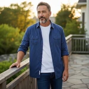 PD&C Mens Blue Button Down Shirt Long Sleeve M